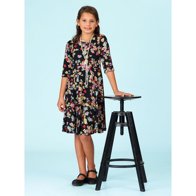 24seven Comfort Apparel Knee Length Floral Print Fit and Flare Girls Dress, 5 of 6
