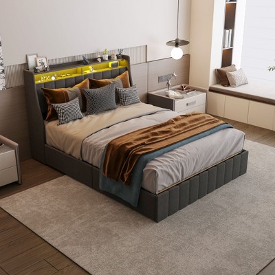 PAGED Bed Frame Modern Bed Frame with LED, 4 Under-bed Portable Storage Drawers, Wings Headboard Design, Box Spring Not Required