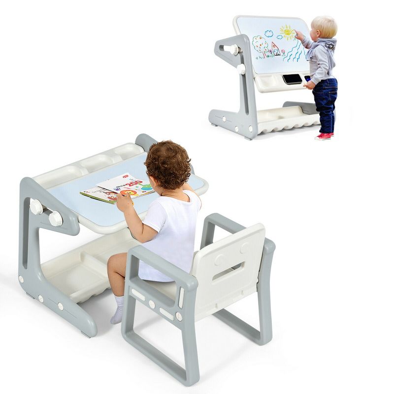 Costway 2 in 1 Kids Easel Table & Chair Set Adjustable Art Painting Board Gray/Blue/Light Pink, 1 of 11