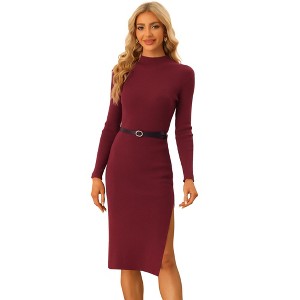 Allegra K Women's Mock Neck Solid Color Ribbed Long Sleeve Slim Fit Bodycon Pencil Knit Sweater Dress - 1 of 4