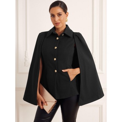 Allegra K Women's Turnover Collar Split Sleeve Button Front Casual Workwear Cape Jacket Black X-Small — фото 2