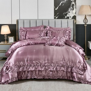 Satin Ruffle Comforter Set Bed in a Bag – 8-Piece Luxury Waterfall Farmhouse Bedding with Sheets, Pillowcases & Cushion Cover - 1 of 4