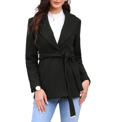 INSPIRE CHIC Women's Winter Single Breasted Shawl Collar A Line Outerwear Pea Trench Coats with Belt
