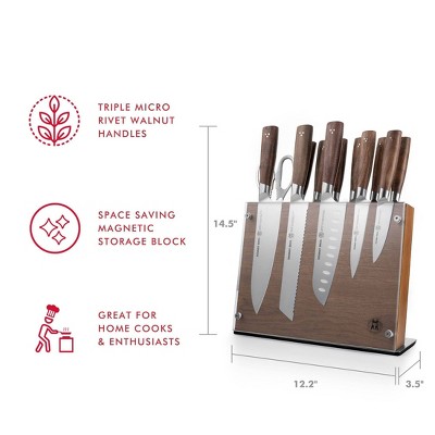 Schmidt Bros Cutlery 14pc Knife Block Set Delta: Stainless Steel Blades, Wood Handles, Includes Sharpener & Steak Knives