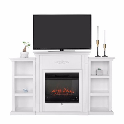 Barton Living Mantel TV Stand w/Electric Insert Fireplace Heater Firebox w/Log Off-White