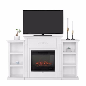 Barton Living Mantel TV Stand w/Electric Insert Fireplace Heater Firebox w/Log Off-White - 1 of 4