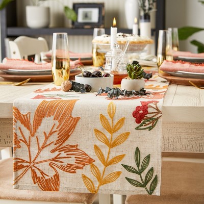 Fall Scattered Leaves Embroidered Cotton Polyester Table Runner