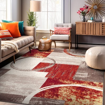 Rust and Ivory Abstract Geometric 8' x 10' Area Rug