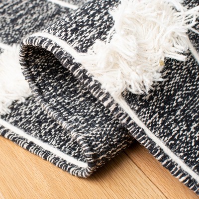 Black and White Striped Wool Cotton Kilim Runner Rug