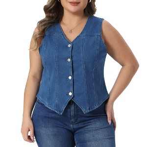 Women's Plus Size Jean Button Down V Neck Sleeveless Casual Denim Vests  - Agnes Orinda - 1 of 4