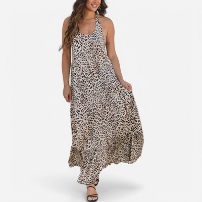 Amaryllis Women's Halter Maxi Dress Flowing Silhouette Adjustable Tie Back Statement Leopard Print