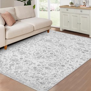 Acekool 10x13 Vintage Medallion Washable Area Rug, Extra Large Non-Slip Distressed Floral Carpet, Stain Resistant for Living Room, Bedroom, Grey - 1 of 4