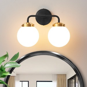 POWLIG 14.17-in 2-Light Black&Gold Bathroom Light Fixtures Over Mirror Vanity Lighting with Milk White Glass Globe Shades - 1 of 4