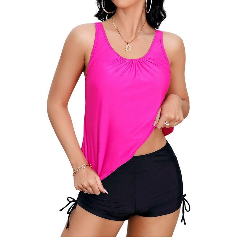 Tankini Bathing Suits for Women Tummy Control Two Piece Blouson Swimsuits Athletic Modest Swimwear with Boyshorts, 1 of 8