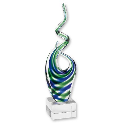 HomeRoots 14" Clear Blue and Green Murano Glass Modern Abstract Tabletop Sculpture