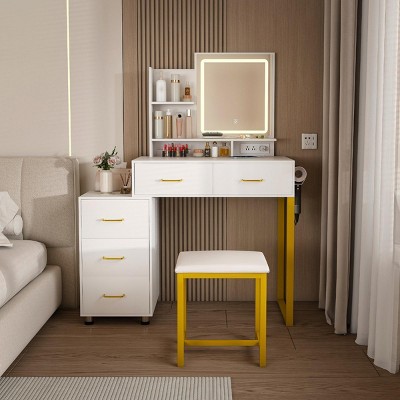 INFURNIC Vanity Tables Makeup Vanity Desk with Storage Drawers and Metal Legs for Bedrooms, White, 31.5"*15.75"*53.15"