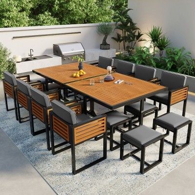 Outdoor 18-Piece Acacia Wood Dining Set, Dining Set with 8 Chairs and 8 Ottomans and 2 Tables, Chairs with Iron Frame PE Cushions–Cuddlewood