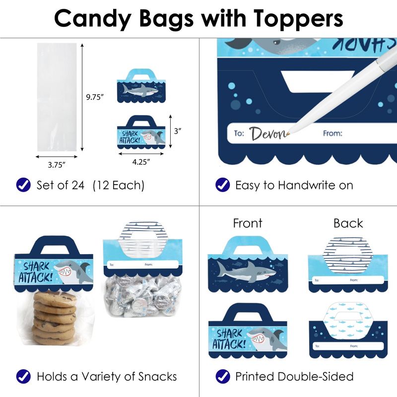 Big Dot of Happiness Shark Zone DIY Jawsome Shark Party or Birthday Party Clear Goodie Favor Bag Labels Candy Bags with Toppers Set of 24, 3 of 9