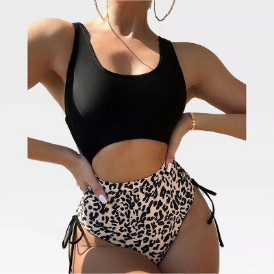 Womens Bikini Sets Tank Tops U Back 2 Piece Swimsuit Sets Leopard Print Swimsuits Tank Swimsuit Tops with Drawstring Bathing Bottom