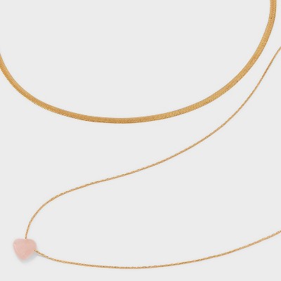 Semi Precious Rose Quartz Necklace Set 2pc - Universal Thread Gold: Lobster Claw Clasp, Recycled Brass, 18" Length - image 3