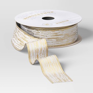 30' Christmas Fabric Ribbon White Satin Gold Stripes - Wondershop™ - 1 of 3