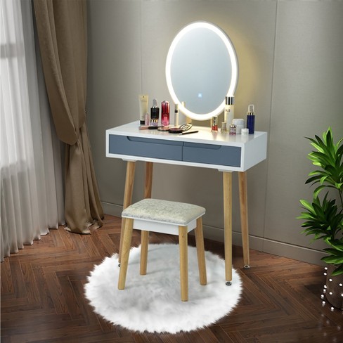 43.3 Modern Vanity Table Set with Flip-Up Mirror, LED Lights and Storage,  White+Gray - ModernLuxe