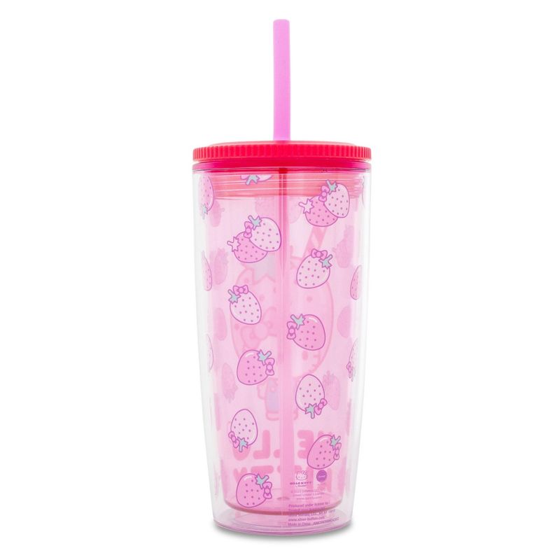 Silver Buffalo Sanrio Hello Kitty Strawberries Plastic Tumbler With Lid and Straw | 20 Ounces, 2 of 7
