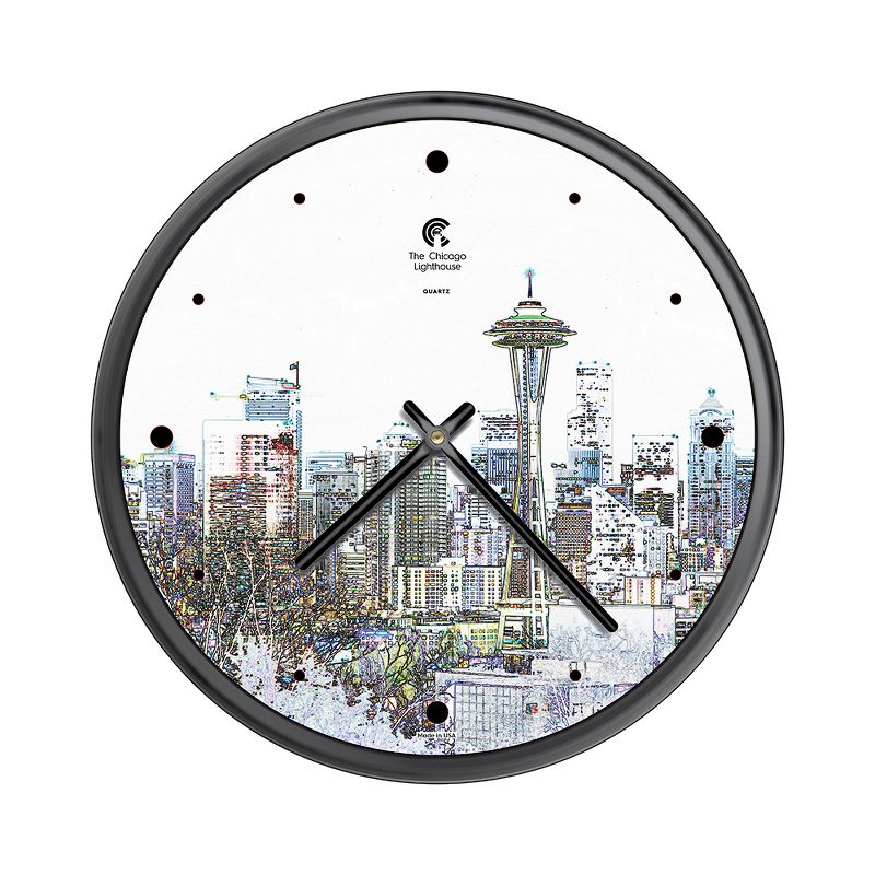 12.75&#34; x 1.5&#34; Seattle Skyline Sketch Decorative Wall Clock Black Frame - By Chicago Lighthouse, 1 of 6