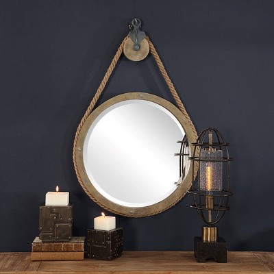Rustic Round Brown Wood Pulley Mirror with Rope Detail