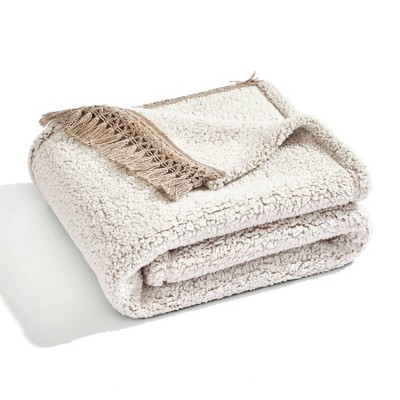 50"x60" Faux Shearling with Tassel and Fringe Throw Blanket Neutral - Lush Décor