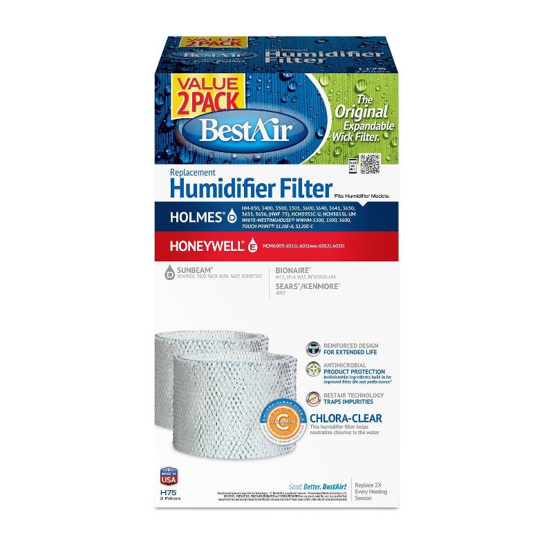 BestAir 2pk H75 Humidifier Replacement Filter for Holmes Humidifiers, 1 of 5