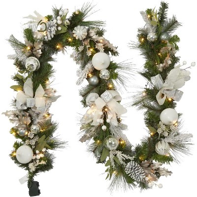 9 Ft Xmas Garland with Lights Silver White Ball Ornaments Pine Cones for Fireplace Front Door Stairs Railing Indoor Outdoor Decor