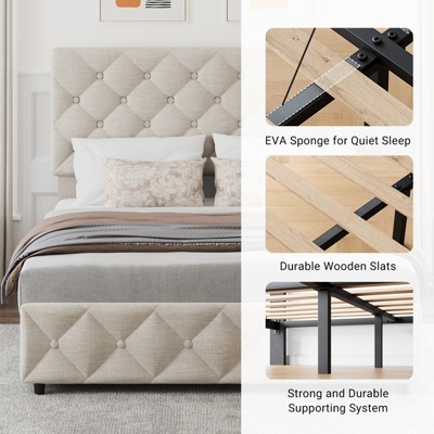 Upholstered Queen Platform Bed Frame with 4 Storage Drawers, PU Leather with Button Tufted, Wooden Slats Support, No Box Spring Needed, Noise-Free
