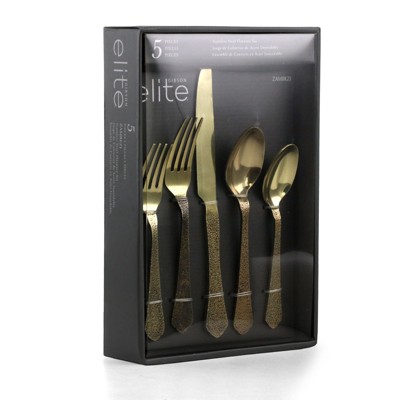 Gibson Elite Zambezi 5 Piece Stainless Steel Hammer Texture Flatware Set in Gold