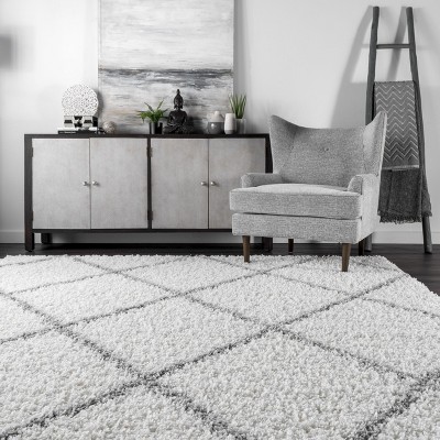 Plush White Geometric Shag 63" Square Area Rug