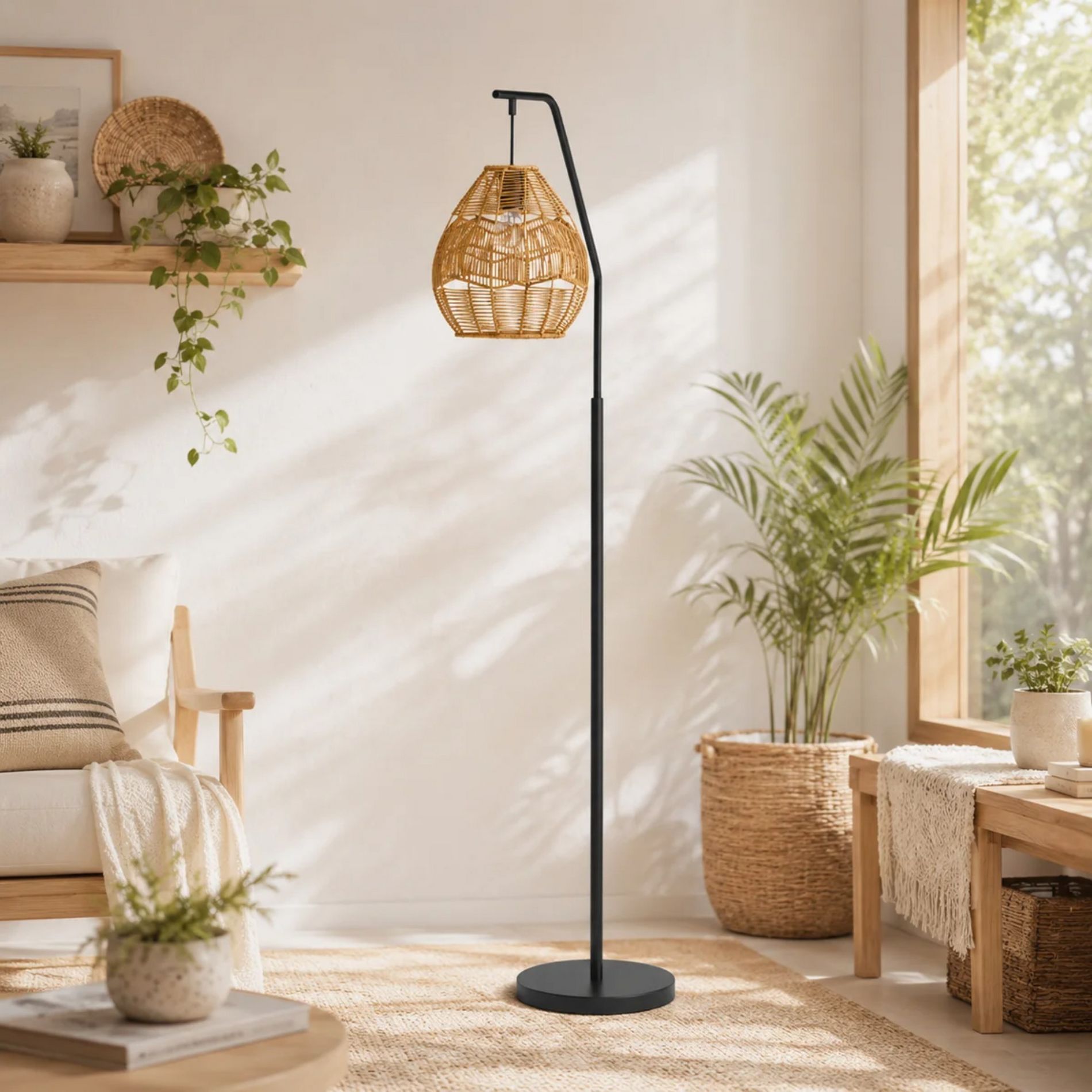 65 Inch Boho Rattan Arc Floor Lamp with Larger Woven Shade, Farmhouse Standing Light for Living Room, Bedroom, Office, E26 Base, 60W