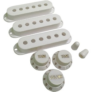 AxLabs Set Of Single Coil Pickup Covers In Vintage Spacing (52mm), Two Switch Tips, And Three Knobs (Gold Lettering) White - 1 of 1