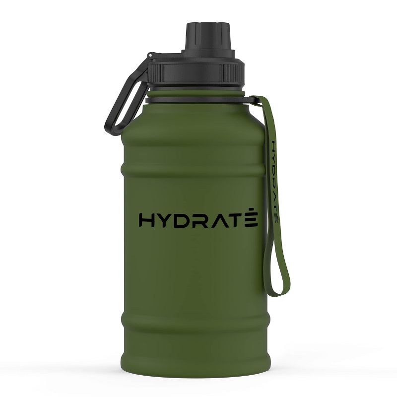 HYDRATE 1.3L Stainless Steel Water Bottle with Nylon Carrying Strap and Leak-Proof Screw Cap, Green, 1 of 5