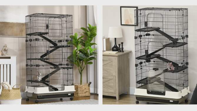 PawHut Rolling Small Animal Rabbit Cage for Bunny, Chinchillas, & Gerbils with a Large Living Space, 2 of 10, play video