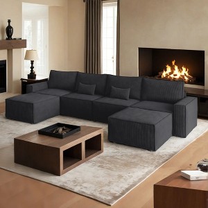 XIZZI Modular Corduroy Sectional Sofa: 5 Sold-Separately Units (Corner, Arms, Ottoman) | Black/Camel | Standard/Large Cushion Options | DIY Friendly - 1 of 4