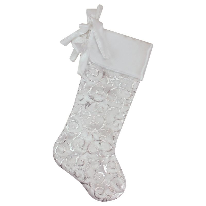 Northlight 19” White and Silver Filigree Christmas Stocking with Bows, 1 of 5
