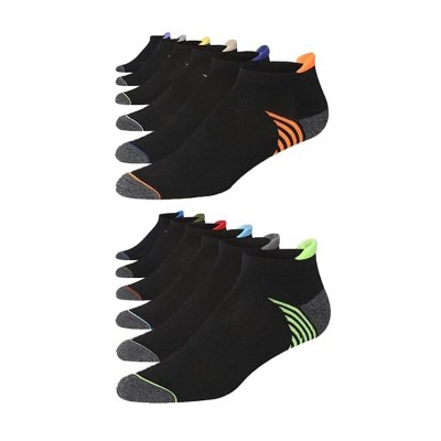 JAMES FIALLO Men's 12-Pairs Performance Low Cut Vibrant Stripes Fusion on Black Athletic Sport Socks