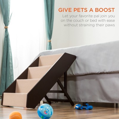 Adjustable Foldable 4-Step Black and Beige Wooden Pet Stairs