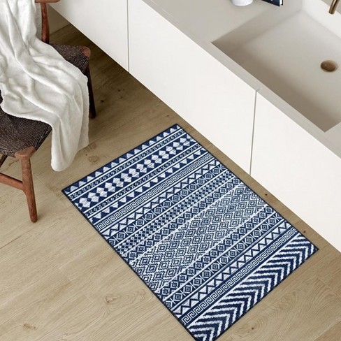 Trinity Machine Washable Moroccan Geometric Floor Mat, 2' x 3' Navy Blue