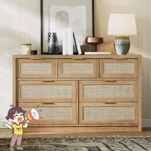 Jojoka Rattan 6 Drawer Chest of Drawers, Natural Wood Dresser with Gold Handles, Storage Organizer for Bedroom, Living Room, Hallway - 1 of 4