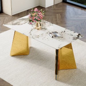 CAVINAS Modern Slab Dining Table with Stainless Steel Butterfly Legs, Rectangle Dining Table for 6, Scratch-Resistant Kitchen Table - 1 of 4