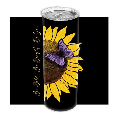 Be Bold Be Bright Be Your Bright Yellow Sunflower with Purple Butterfly 20 ounce Stainless Steel Travel Tumbler with Lid For Your On The Go Beverages
