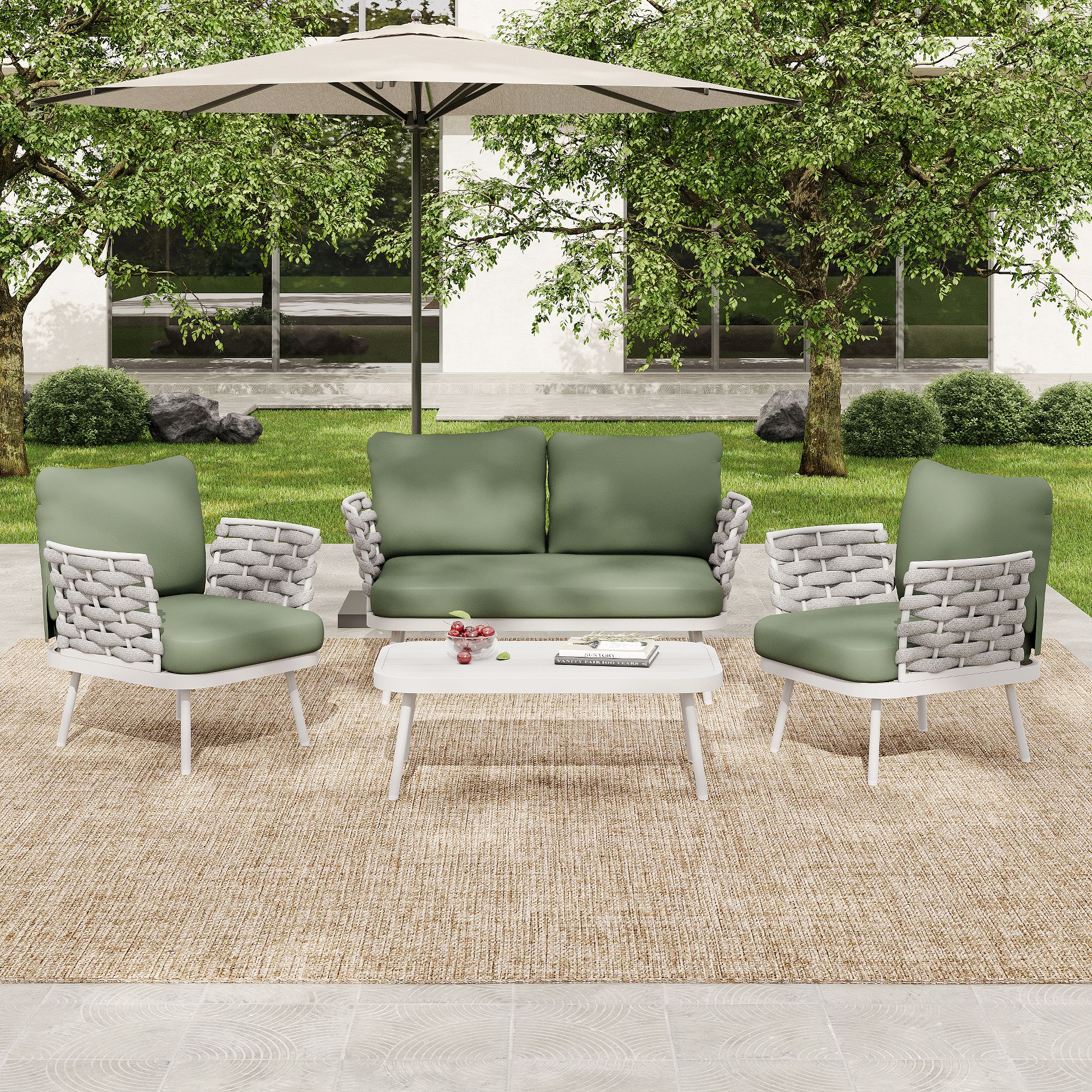 Christopher Knight Home Belle 4 Piece Modern Patio Metal and Rope Upholstered Seating Set with Coffee Table, Off-White/Green