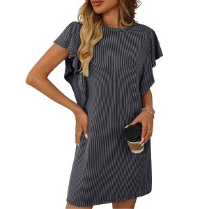 Women Summer T Shirt Dress Ruched Sleeve Crew Neck Loose Mini Dress Basic Casual Dresses - 1 of 4