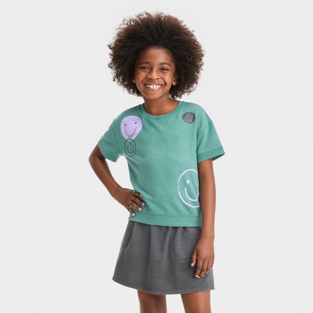 Girls' Short Sleeve Printed French Terry Sweatshirt - Cat & Jack™ Dusty Green L